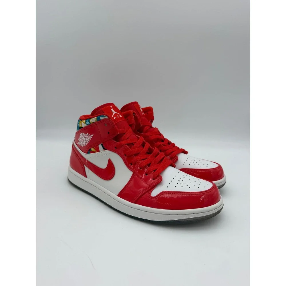 Jordan 1 Mid Chile Red White Patent Leather Sneakers DC7294-600 Mens 9.5